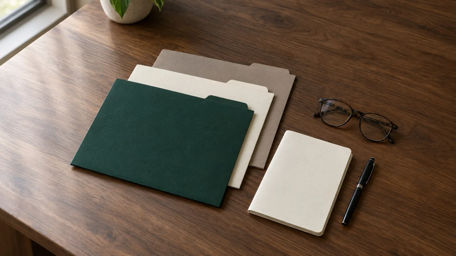 Three green, ivory and taupe account folders beside a blank notebook, pen and reading glasses on a walnut desk.