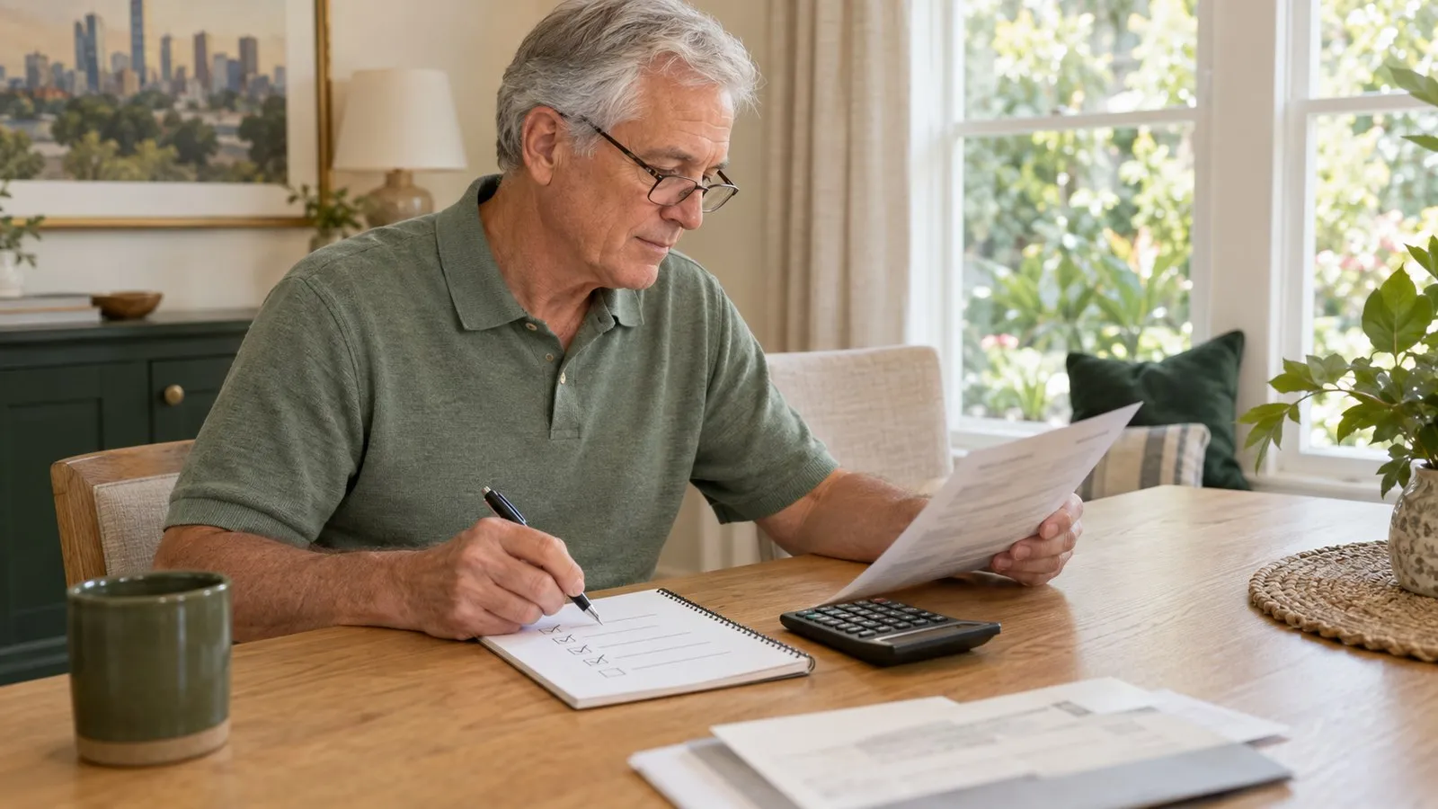 A retirement-age man reviewing income paperwork and a tax-payment checklist at home, with a pen and calculator.