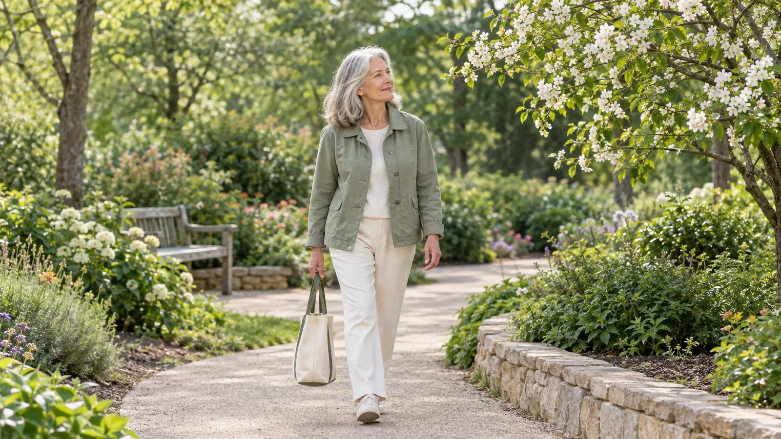 Older woman walking along a leafy garden path with a canvas tote.