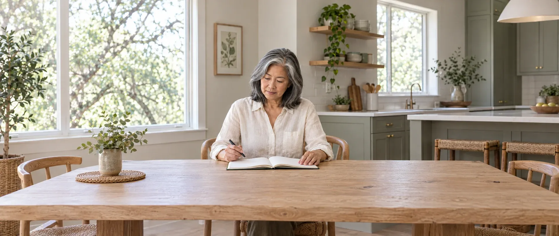 Older woman reviewing a notebook at home.