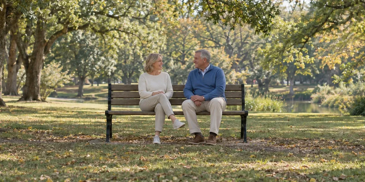 Older couple talking together on a park bench.