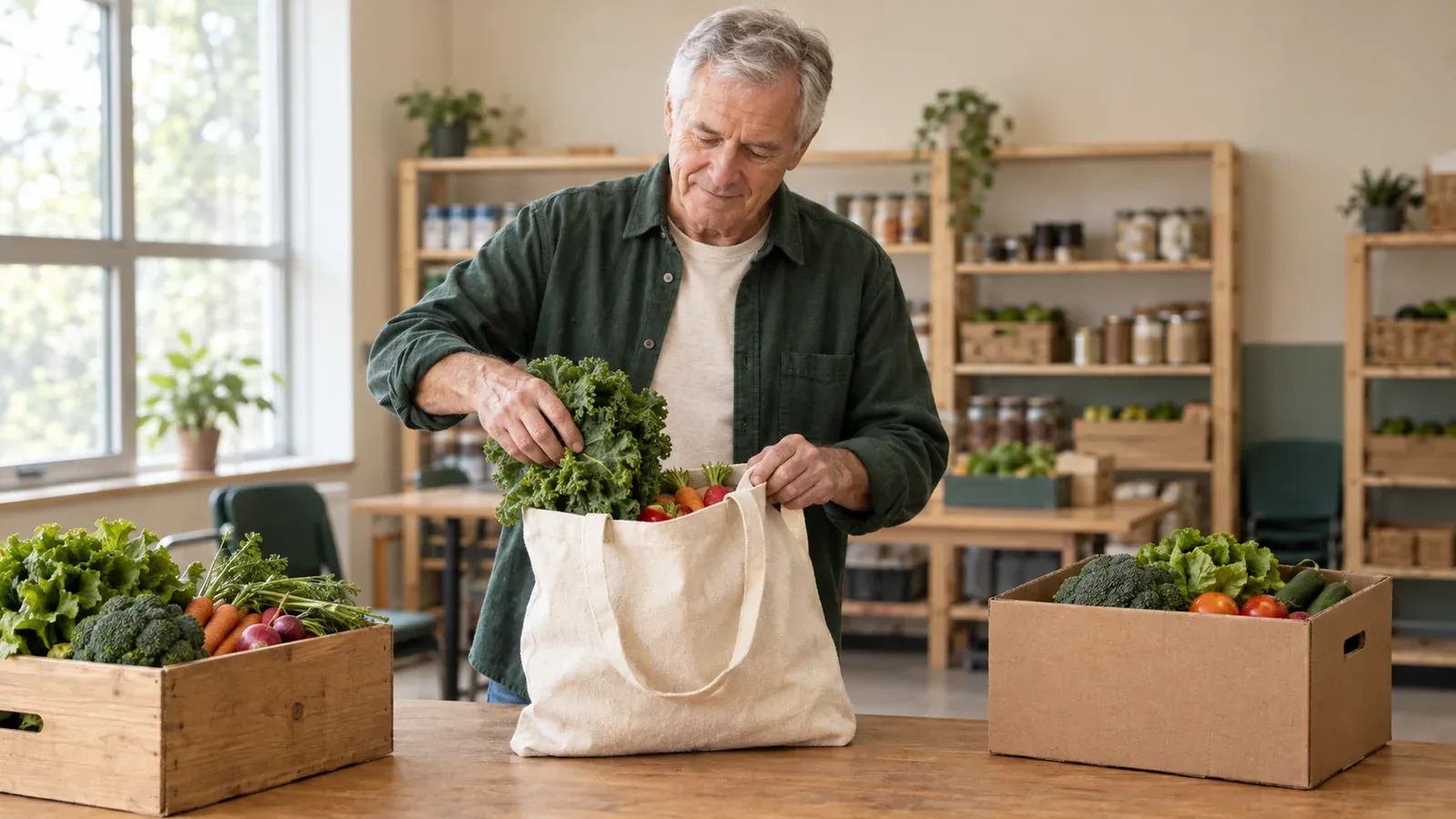 Older man packing fresh vegetables into a canvas bag at a food pantry.