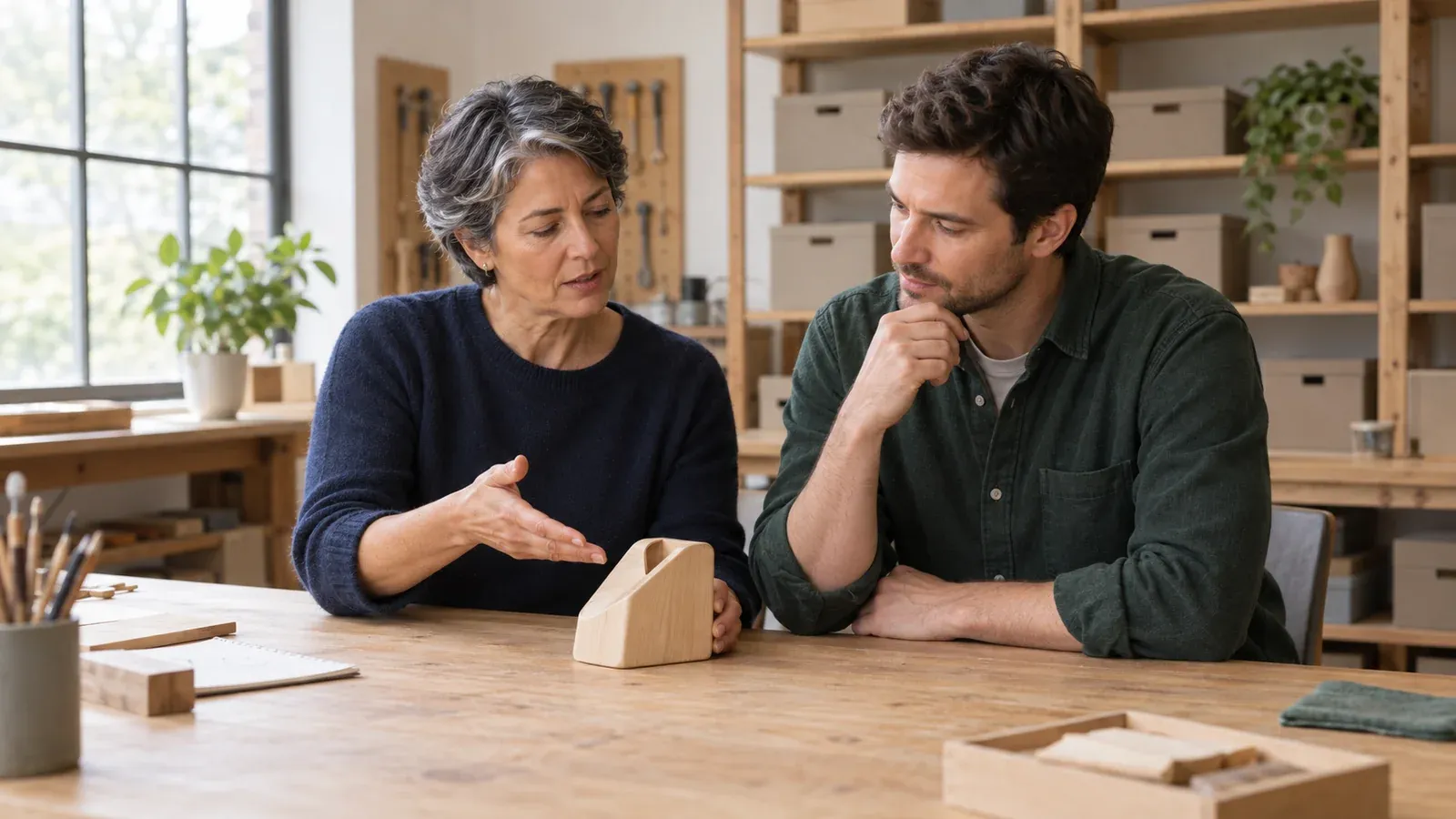 Two adults discussing a wooden product prototype at a workshop table.
